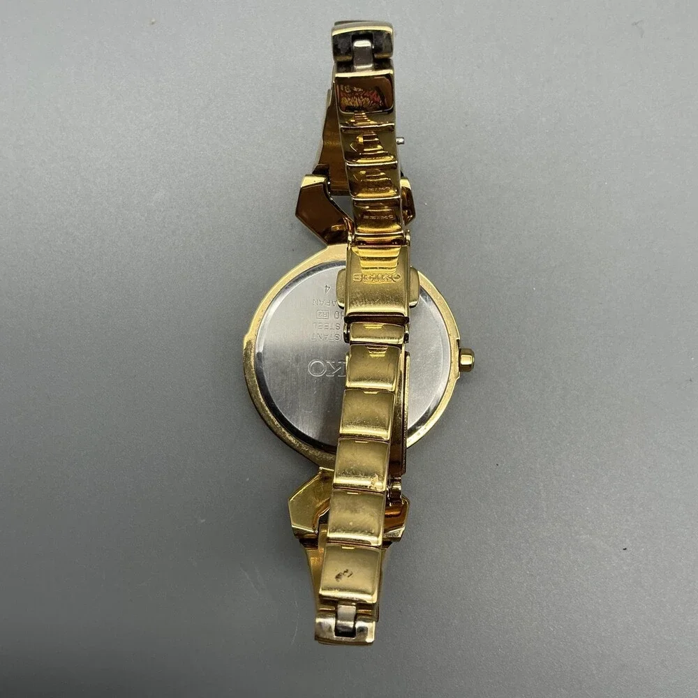Seiko Solar V115-0BH0 Womens Watch 29mm MOP Dial Gold Tone Crystals 6